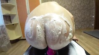 Lesbians POV and gorgeous Butt in sweet cream instead of a festive dessert in the New Year. Homemade fetish with hairy pussy. - 12 image