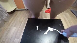 Lesbians POV and gorgeous Butt in sweet cream instead of a festive dessert in the New Year. Homemade fetish with hairy pussy. - 4 image