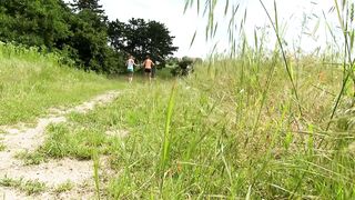 Brunette lesbian likes outdoor dildo game with blondy - 1 image